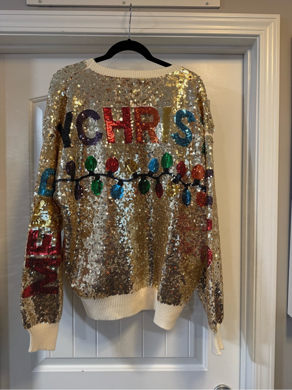 Sequin Gold Holiday Crewneck Sweater with Multicolor Lights